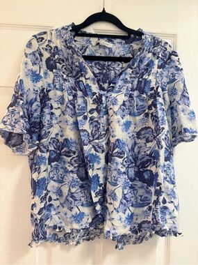 Rose & Olive Blue Floral Ruffle V-Neck Blouse